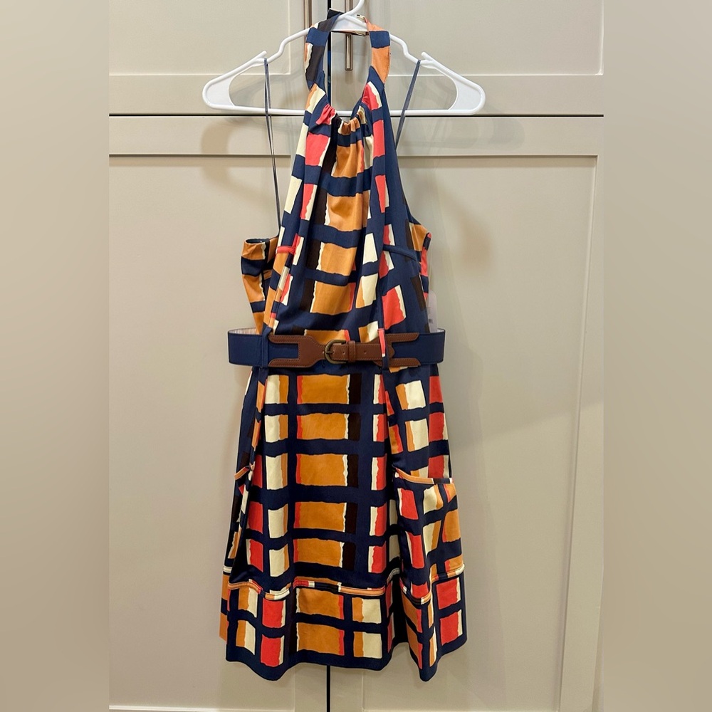 NWT Jessica Simpson Stylish Women’s Halter Dress with Belt - Navy/Orange pattern